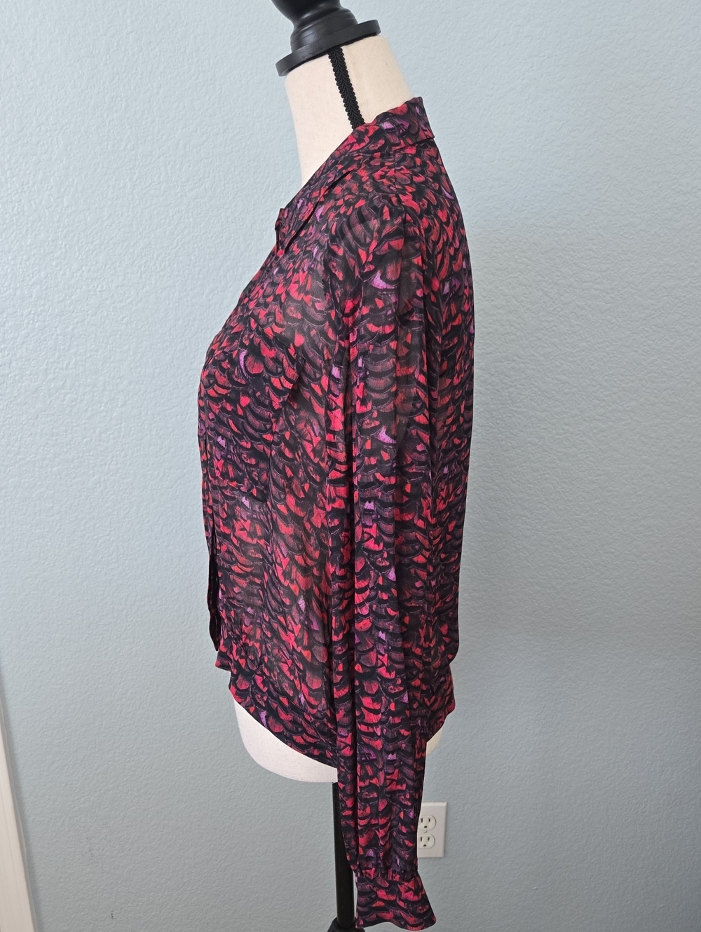 All Saints Adeliza Plume Blouse Jewel Tone Semi Sheer Feather Printed Sz Medium - Picture 10 of 16